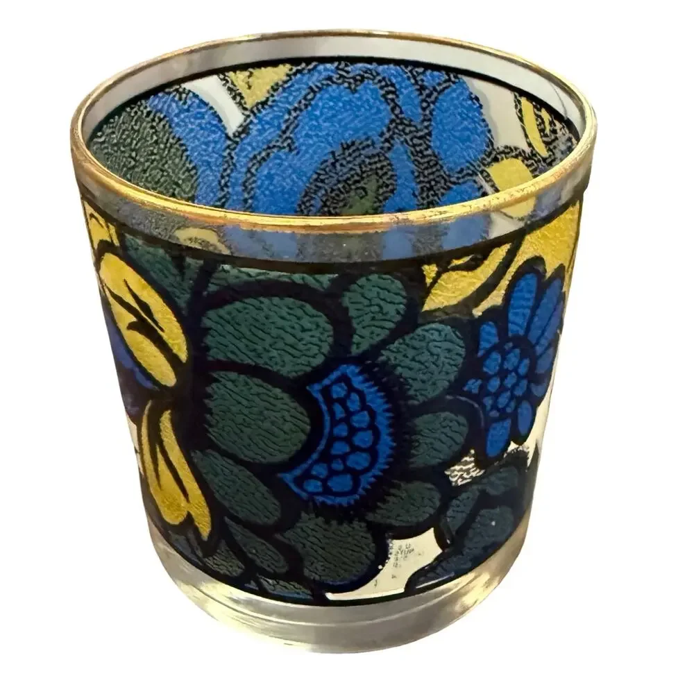 Vintage 1960s CCC Hazel Atlas Blue Yellow Floral Faux Stained Glass Set of 5 - Picture 2 of 16